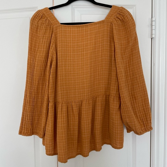 Madewell Lightspun Millbrook Puff Sleeve Peplum Top in Windowpane - Picture 2 of 4